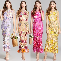 Elegant Luxury Embroidered 3D Flower Party Dresses For Women 2026 Chic Mesh Sleeve High Waist Dress Ladies Evening Gown SL076