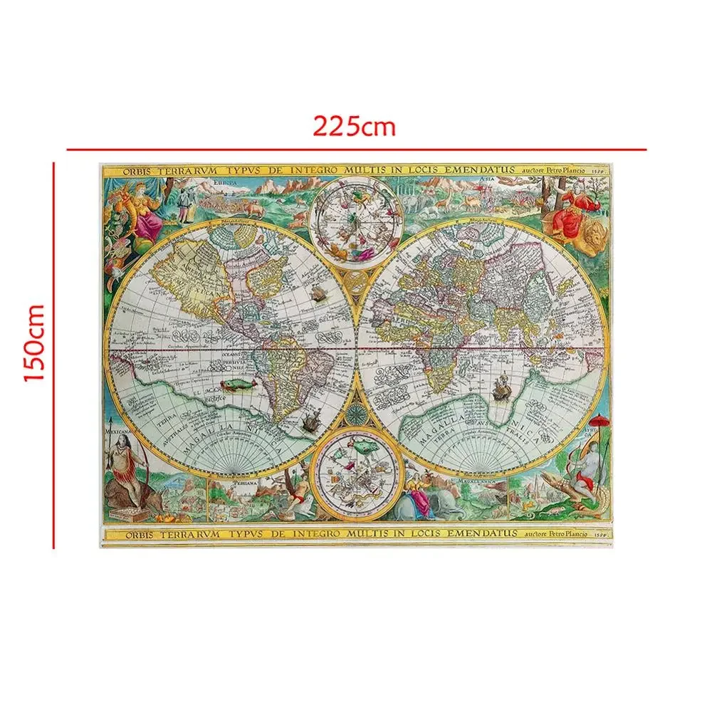 Orbis Terrarvm Typvs De Integro Multis en Locis Emendatus 1594 mapa del mundo no tejido mapa Retro para la escuela y el estudiante 150x225cm