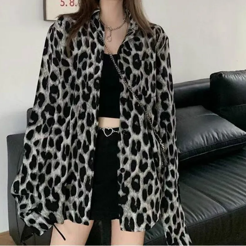 Shirt Women Printed Loose Streetwear Turn Down Collar Long Sleeve Chic Ulzzang Vintage Ins All-match Outwear Female Top Mature