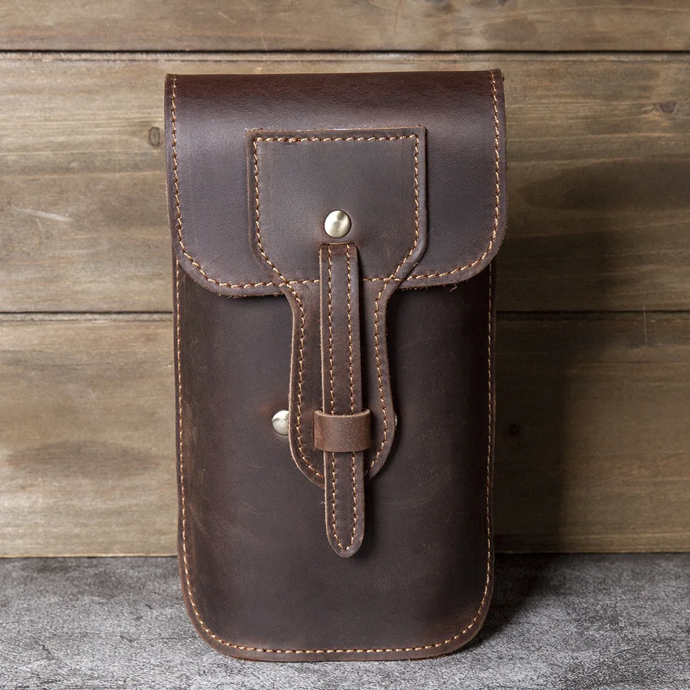 Crazy Horse Leather Men's Waist Bag with Phone Pocket