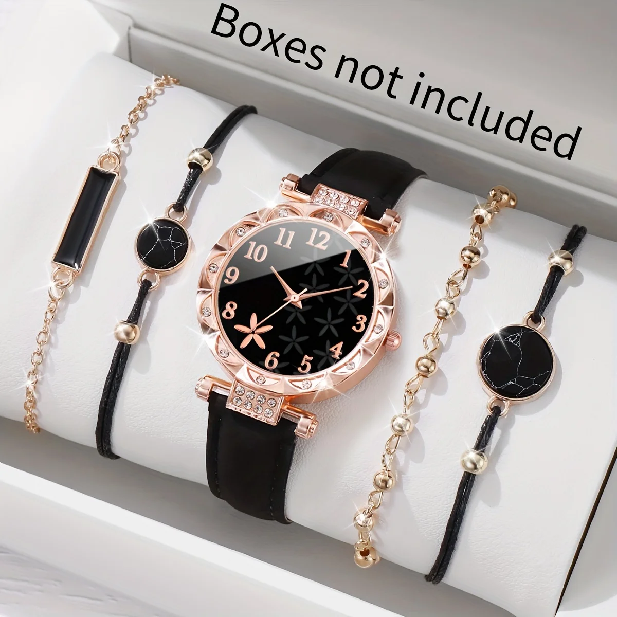 

5pcs/set Women's Elegant Flower Rhinestone Quartz Watch Analog PU Leather Wrist Watch & Bracelets, Gift For Mom Her