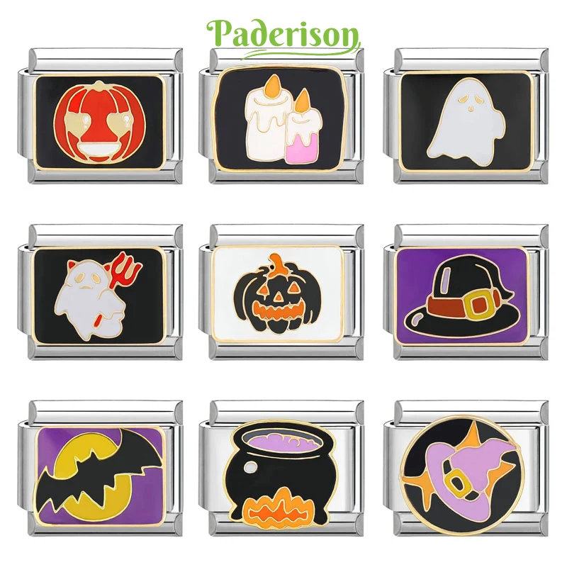 Paderison Halloween Bracelet Bat Pumpkin Hat Candle Italian Charm Links Fit 9mm Bracelet Stainless Steel DIY Jewelry Making