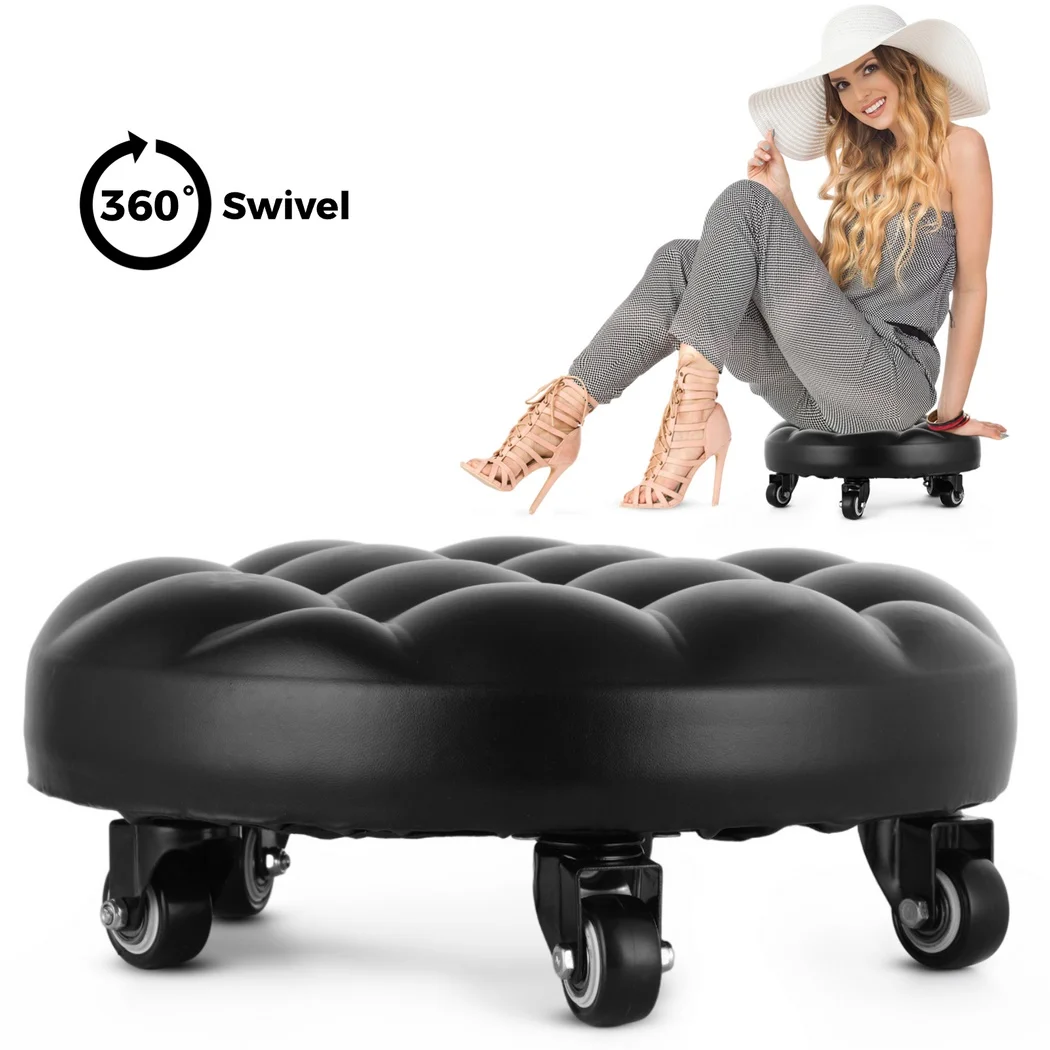 Low Rolling Stool Soft PU Low Wheel Stool 360 Degree Rotating Floor Stool Round Seat Stool Low-Height Rolling Seat For Home