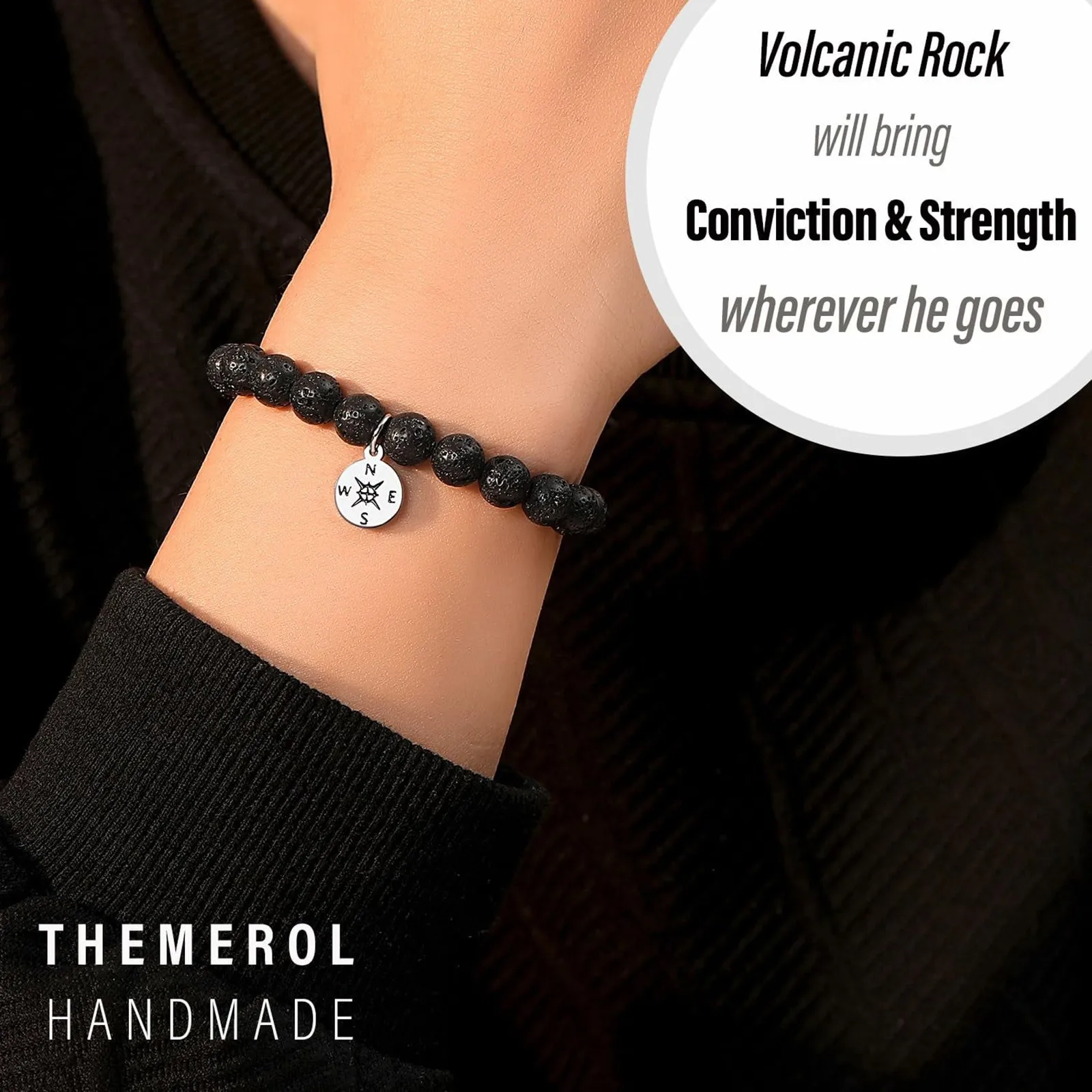 Adventure Begins Bracelet Wristband Bracelet Volcanic Rock Inspirational Graduation Jewelry Conviction Strength Compass Charm T1