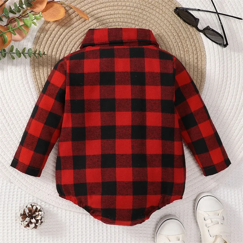 Baby Boy Shirt Romper Casual Plaid Print Buttons Long Sleeve Jumpsuit for Infant Toddler Fall Outfit