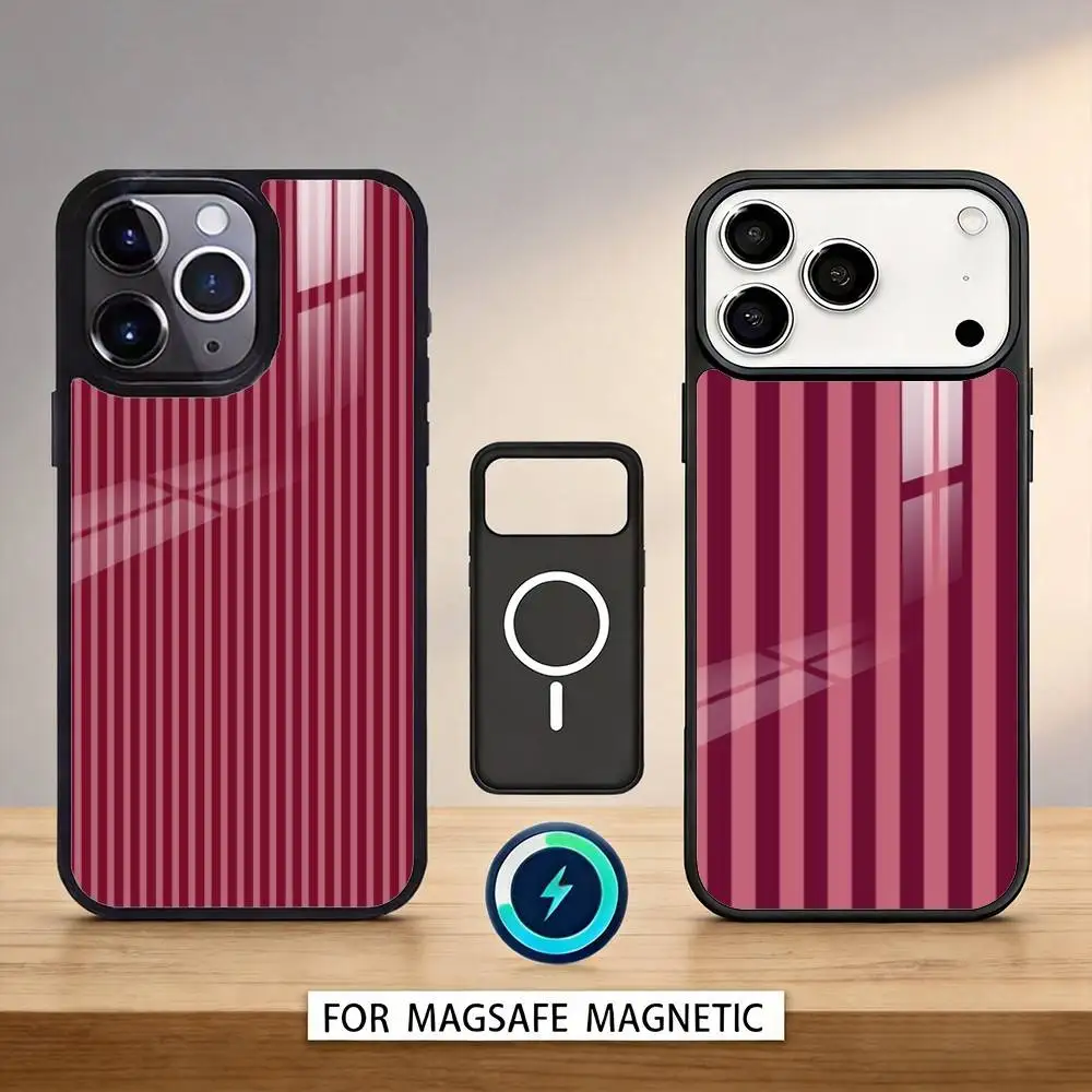 B-Burgundy White S-Stripe Phone Case Magnetic For iPhone17 16 15 14 13 12 Pro Max For Magsafe Wireless Charging Cover