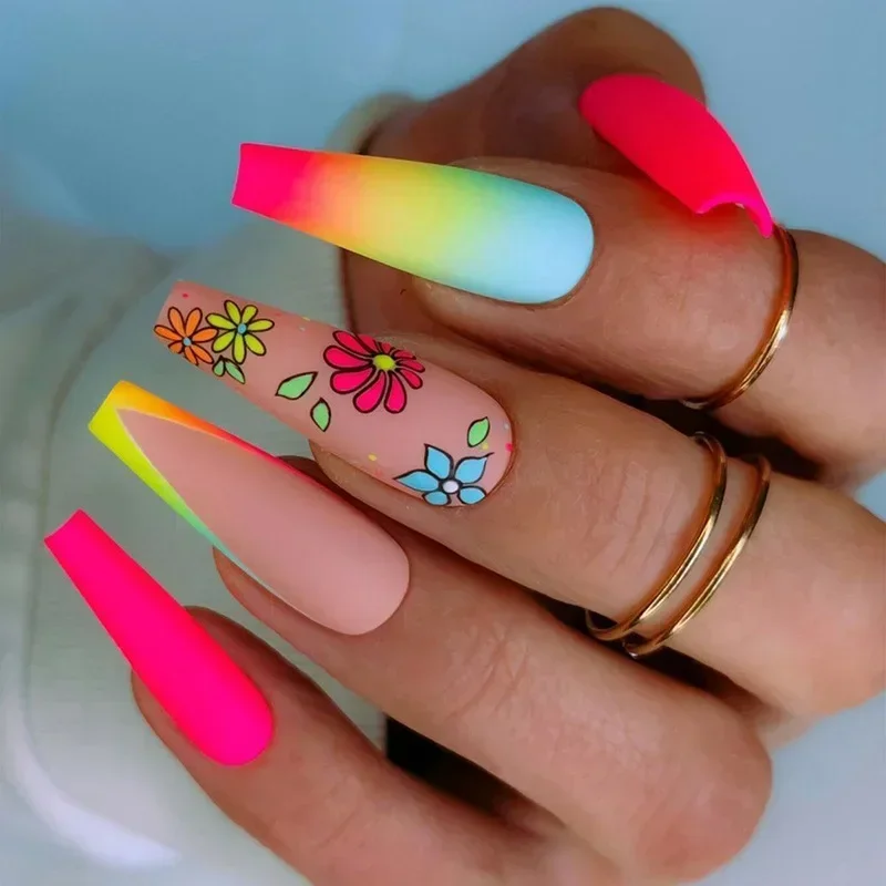 24 pçs cores brilhantes imprensa em unhas longas ballet unhas falsas com cola moda francês acrílico imprensa no prego cobertura completa dicas de unhas