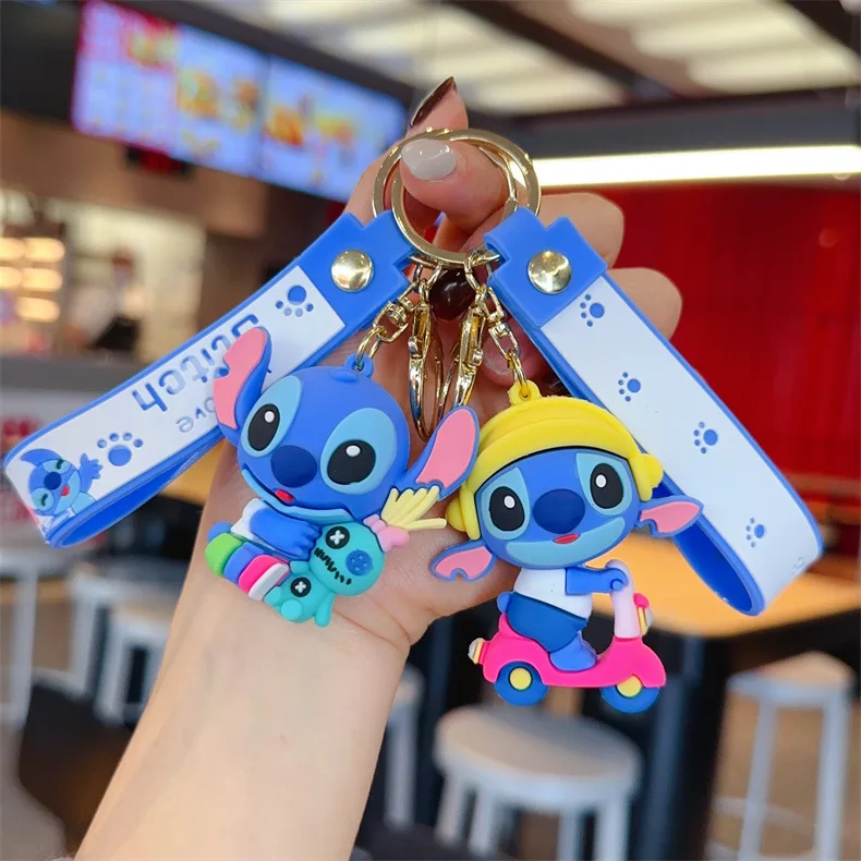 Disney Stitch Keychian Anime Stitch Pendant Keychain Kawaii Sweet Pink Angel Keychians Women Car Keyring Girl Birthday Gift