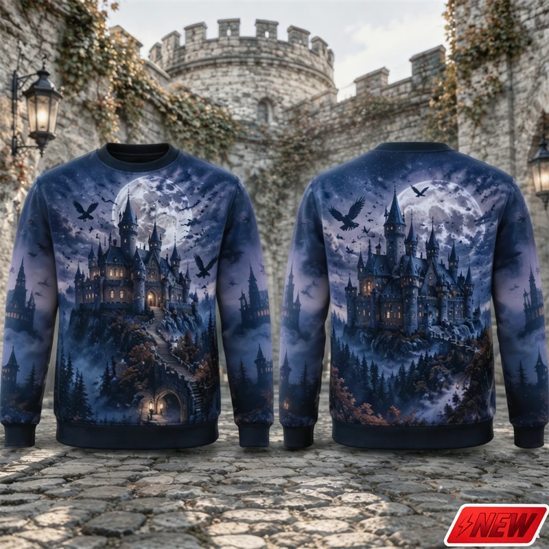 Men Crewneck Sweatshirt Halloween 3D Printed Gothic Moon Flying Crow Autumn Forest Graphic Pullover Top Casual Festival Unisex