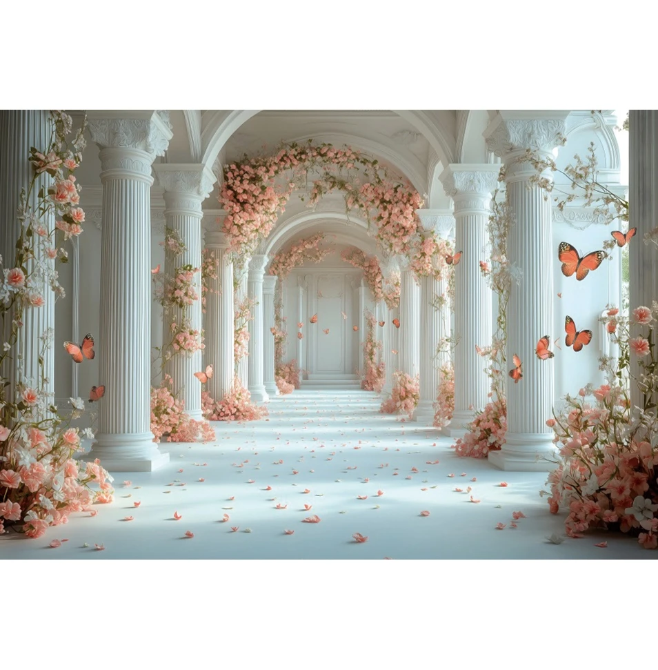 AI Wedding Backdrop for Photography Palace Flowers Butterfly Curtain Bride Portrait Pregnant Art Photo Background Photostudio