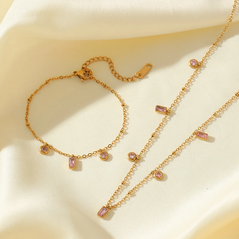 EILIECK 316L Edelstahl Rosa Kristall Zirkon Halskette Armband Set für Damen Trendige Halskette Wasserdichter Schmuck Damengeschenk – Detail 13