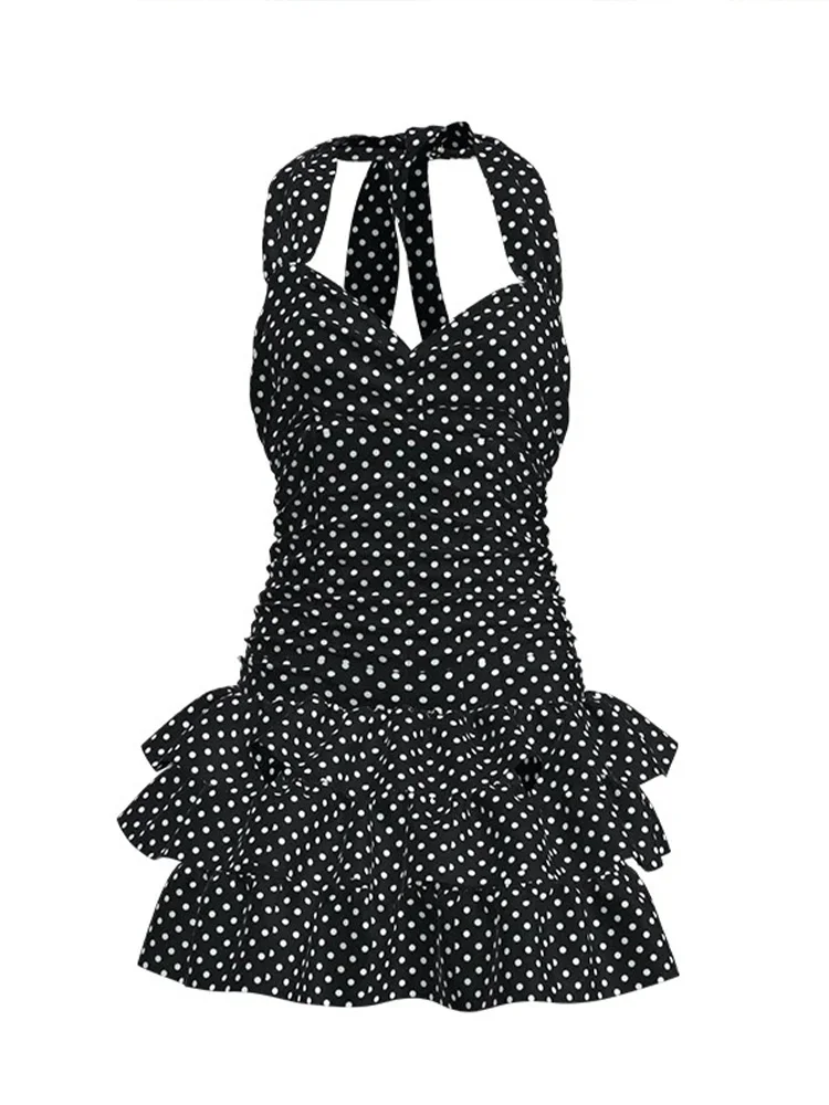 2026 New Summer Swimwear Beach Fashion Sexy Laced Up Polka Dot Beach Mini Dress Women Beach Vacation Cover Ups Dress