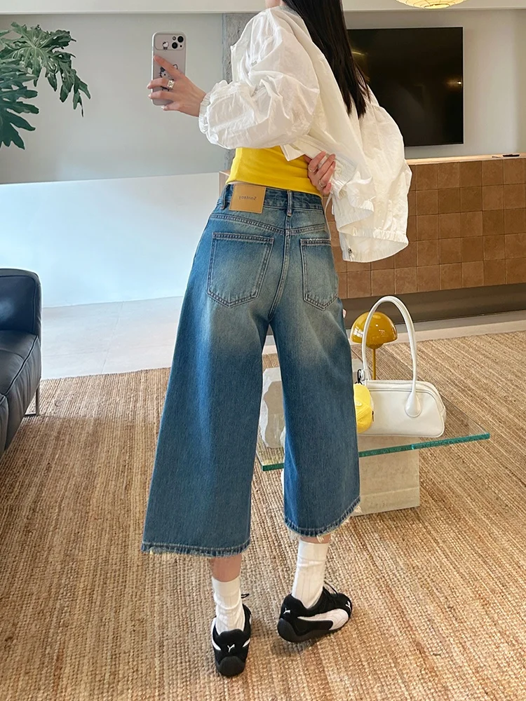 

Женские джинсы с высокой талией и широкими штанинами, синие, весна 2026, новая корейская версия, с рваным краем, укороченные, ретро, из денима