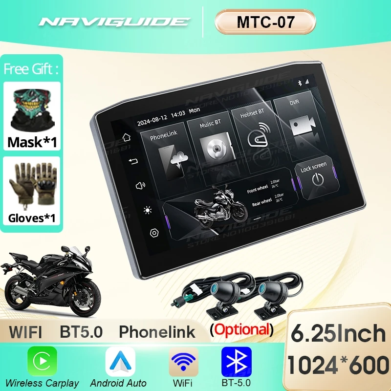 

MTC-07 6.25" Wireless CarPlay Moto Android Auto GPS Motorcycle Navigation Portable Digital Dashboard Anti Theft Removable Screen