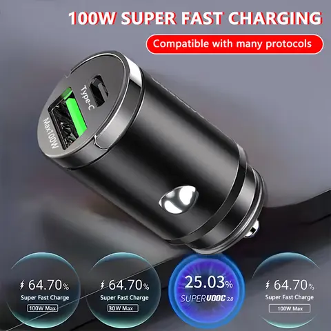 미니 100W USB 차량용 충전기 듀얼 포트 빠른 충전 유형 C 차량용 충전기 아이폰 Xiaomi 화웨이 삼성 차량용 충전기 용품