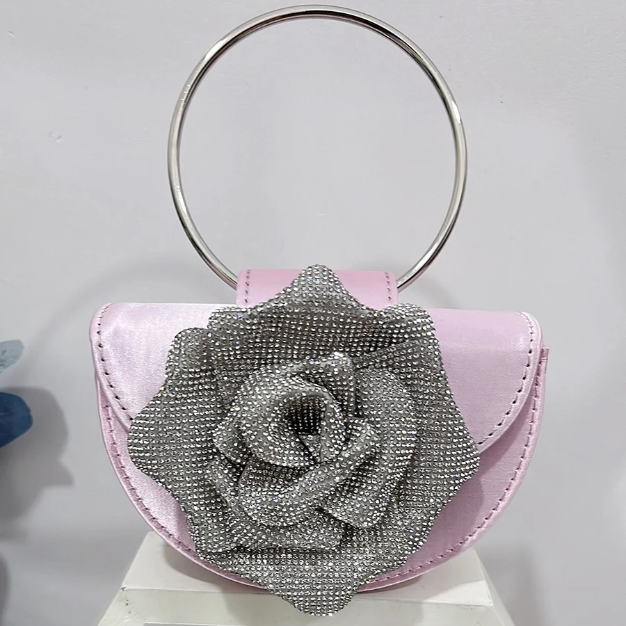 Luxury Rose Flower Crystal Clutch Bags Women Party Evening Flap Handbags Bridal Wedding Rhinestone Ring Handle Half Moon Bag Sac