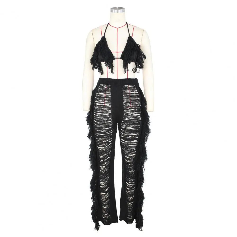 Two-piece Outfit Stylish Women's Beach Vacation Crop Top Pants Set with Tassel Detail Halter Neck Design High Waist Ripped