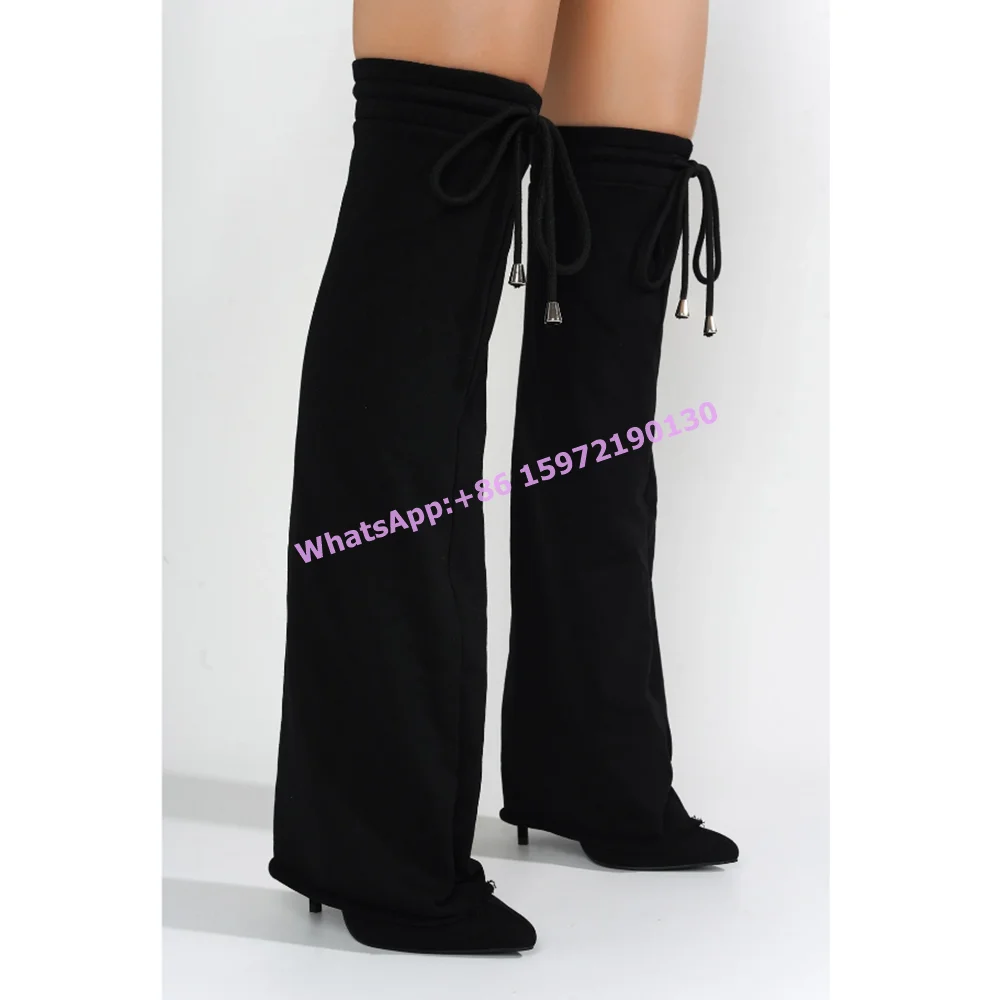 Sewing Solid Concise Boots Pointy Toe Thin Heels Turn Over Edges Lace Up Knee High Boots Women's Leisure Winter Fashion Shoes