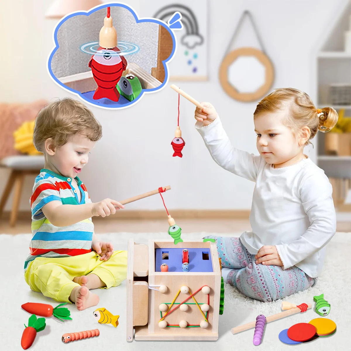 8 In 1 Montessori Permanence Box Carrots Toys Child Wooden Shape Sorting & Matching Educational Toys For Kid Over Age 1-Year-Old