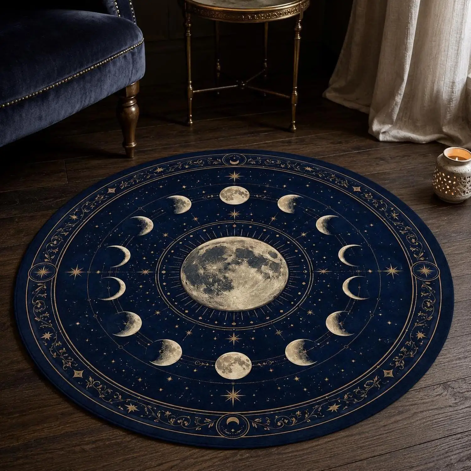 【Room Decor Carpet】Starry Sky Moon Phase Round Carpet, Washable Low-Pile Carpet, Suitable for Witch Theme Decoration
