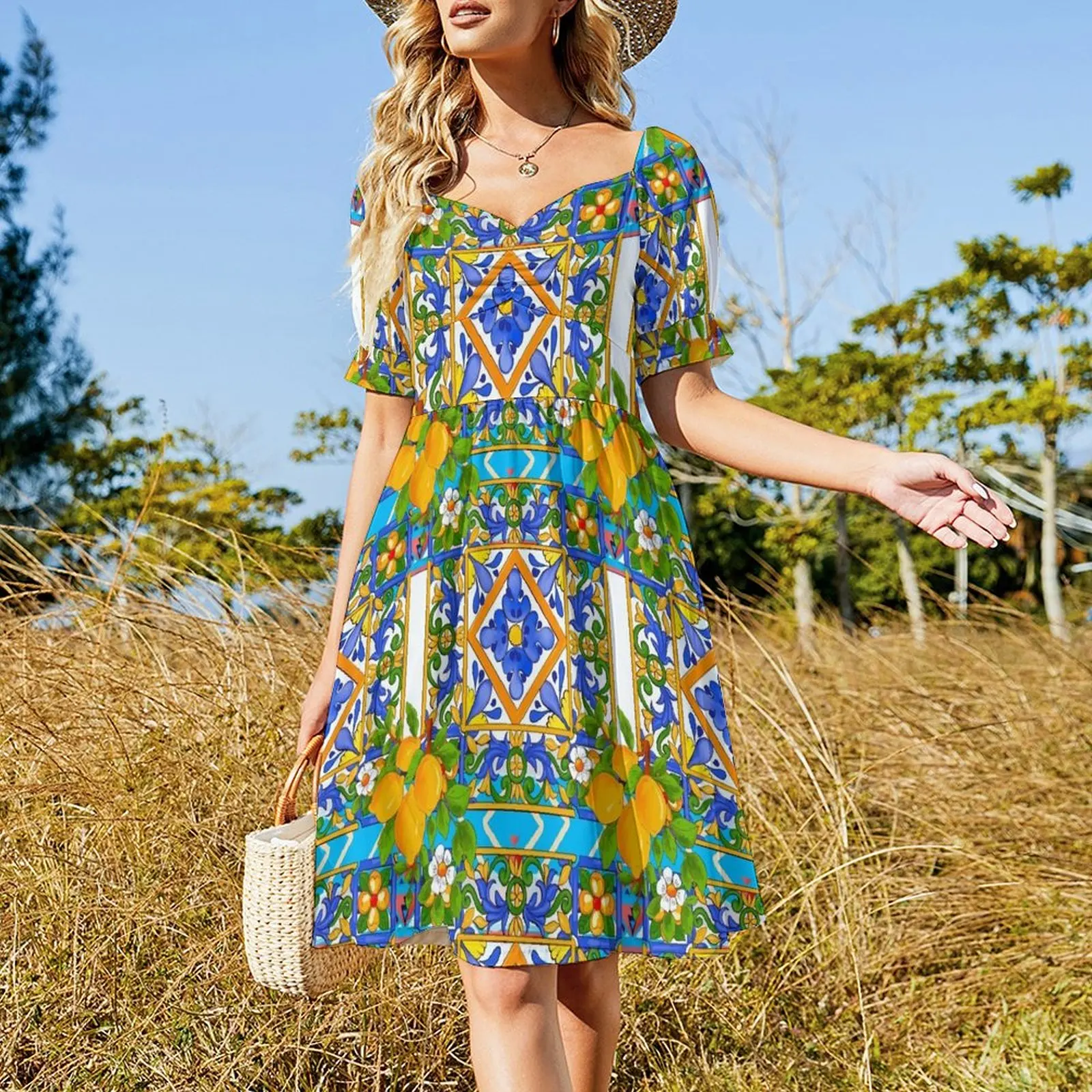 Summer ,Sicilian tiles ,citrus,lemons ,majolica Mediterranean Short Sleeved Dress prom dresses Dress