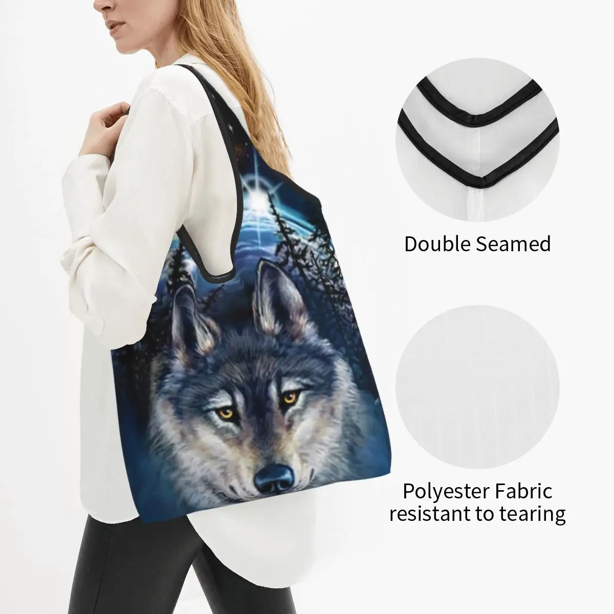 Custom Wolf Grocery Shopping Tote Bags Women Cute Animal Shopper Shoulder Bags Big Capacity Handbags