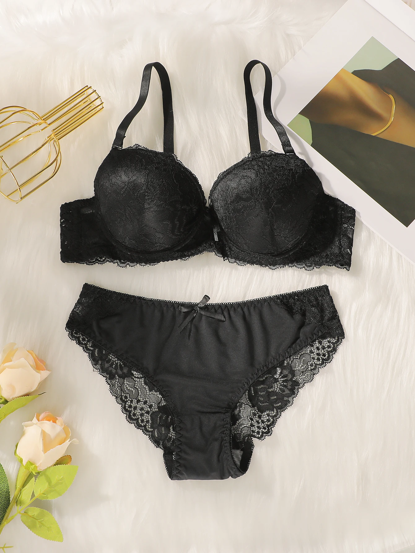 Hot selling four season women's black bra set gathers and lifts women's sexy lace underwear A2155