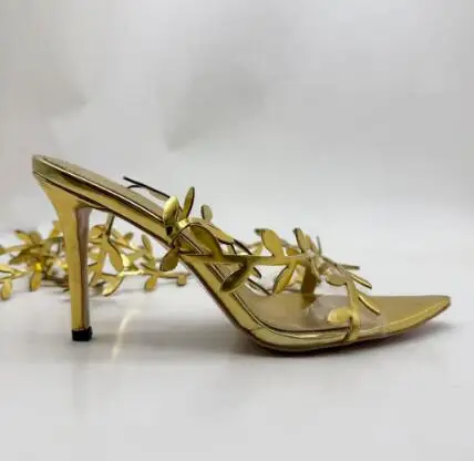 Women Gold Metal Leaf Vine Cut‑out High Heel Sandals Pointed Toe Stiletto Heels, Wrap‑Around Calf Strappy Evening Dress Shoes