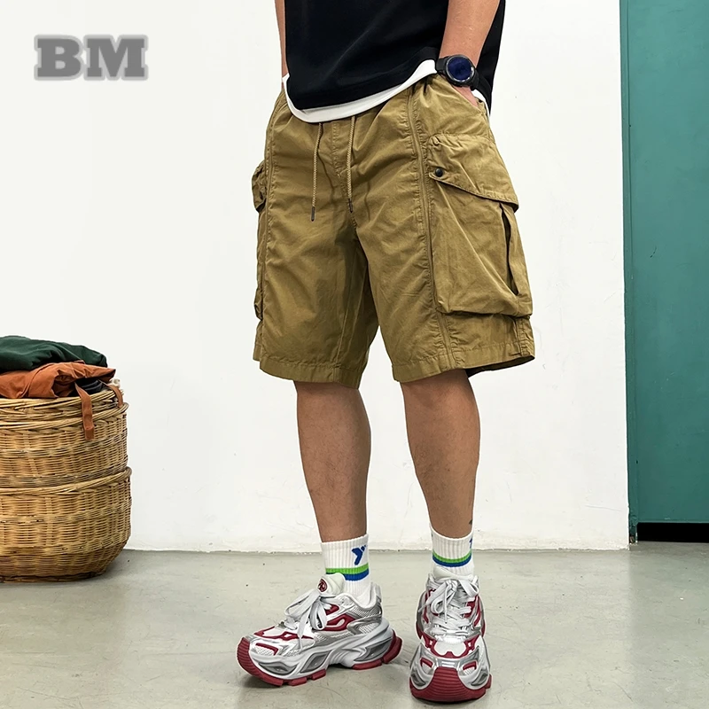 

Корейские модные шорты-карго цвета хаки, мужские летние винтажные шорты с несколькими карманами, свободная уличная одежда, уличная повседневная модная средняя длина, 5 дюймов