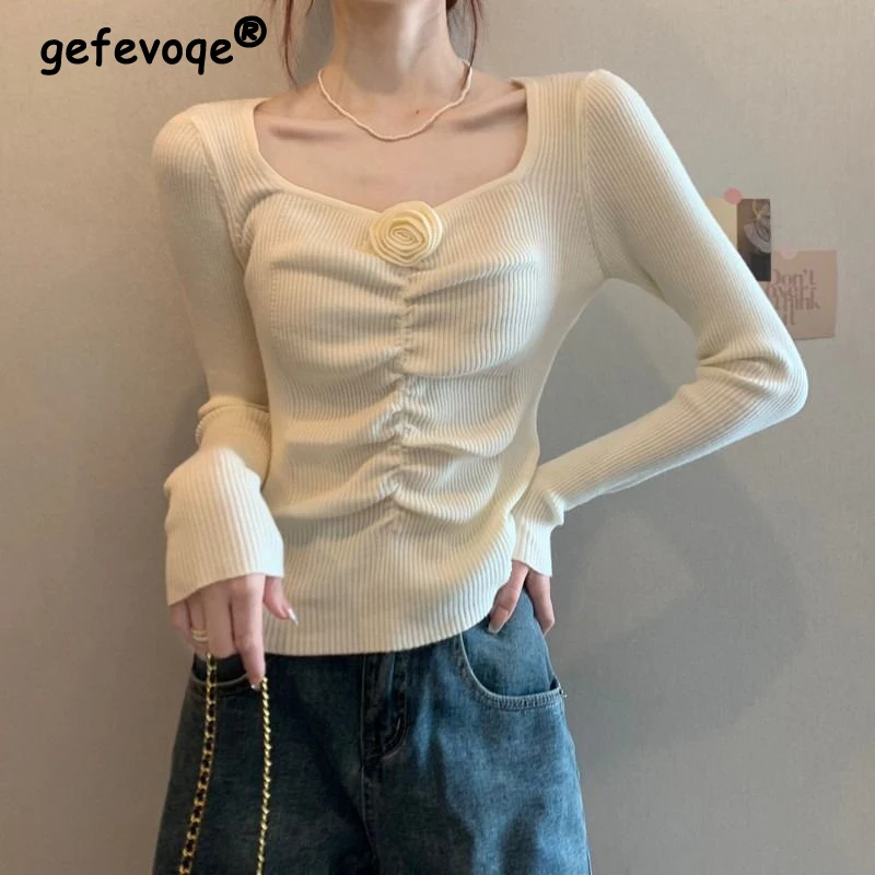 

Women's Korean Fashion Ruched 3D Flower Design Basic Ribbed Knitwear Spring Sweet Chic Square Collar Solid Long Sleeve Slim Tops