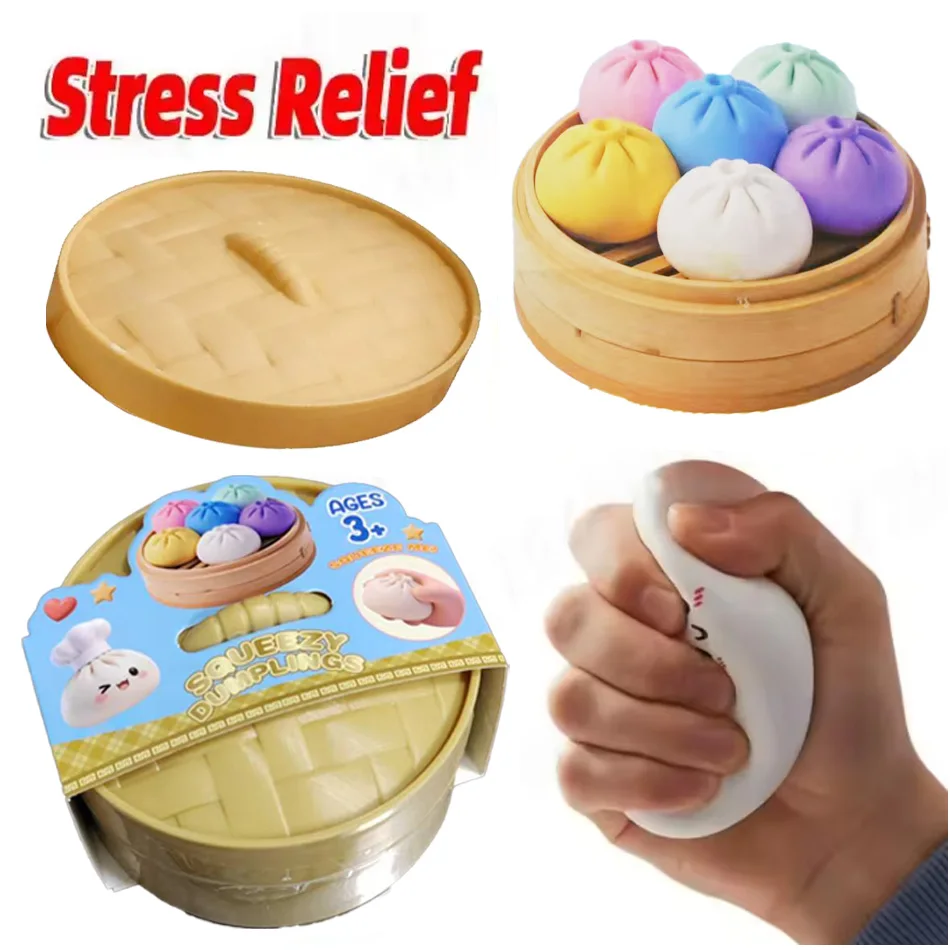 Pelotas Antiestrés de Dumplings Coloridos, Juguetes Sensoriales Fidget, Simulación de Comida, Pelotas Blandas de Panecillo con Vaporera, Regalos de Bolas de Masa para Apretar