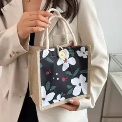 Flower Canvas Handbag Lunch Bags Picnic Breakfast Bag Linen Fabric Small Tote Large-capacity Reusable Shopping Bag With Button