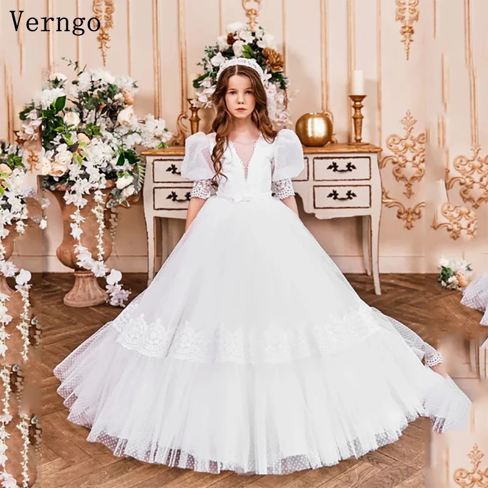 

Verngo lvory Tulle Girl Prom Gowns V Neck Puff Short Sleeves Birthday Party Dress Sweap Train Princess Flowers Dress Customized