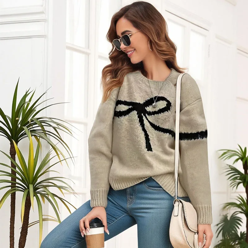 

Round neck loose bow ladies long-sleeved sweater, spring and autumn temperament gentle ladies pullover sweater