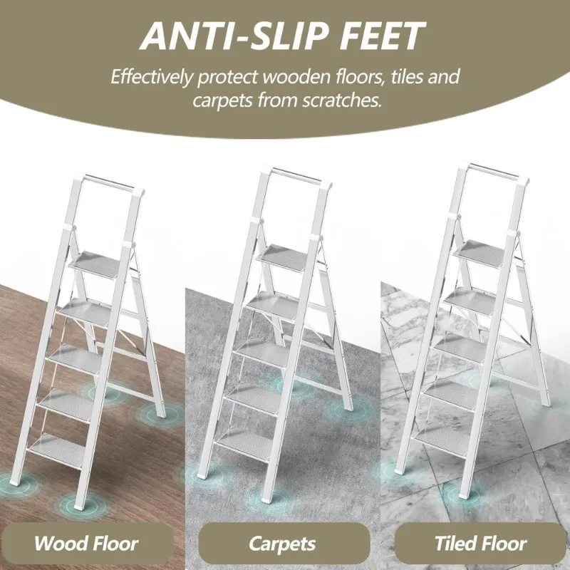 سلم ذو 5 خطوات، مقعد قابل للطي، سلم أبيض قابل للطي لسقف عالي 10 أقدام مع قوي عريض مضاد للانزلاق - توصيل مجاني #6