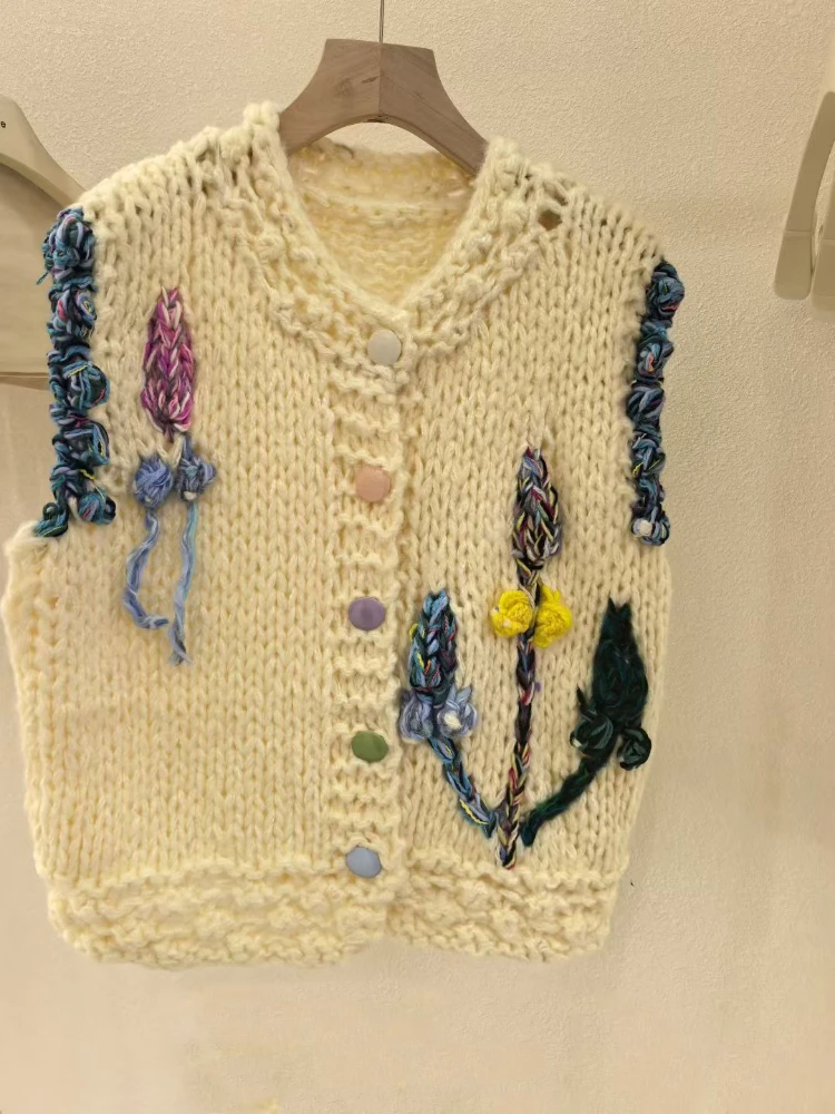 

Vintage Style Handmade Embroidered Sweater Vest With Colorful Buttons Handcrafted Floral Sleeveless Cardigan