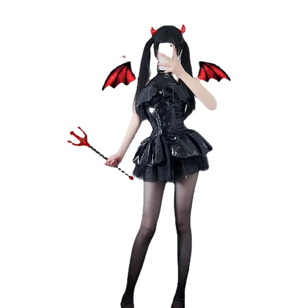 Gothic Punk Witch Girl Magic Dress Bat Demon Black Mesh Lace Up Leather Unifrom Lolita Devil Cosplay Halloween Costumes Carnival