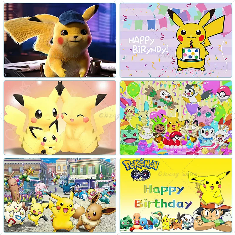 Pokemon Happy Birthday Photography Backdrop Decoration Kids Boy Baby Shower Pocket Monster Pikachu Anime Background Banner