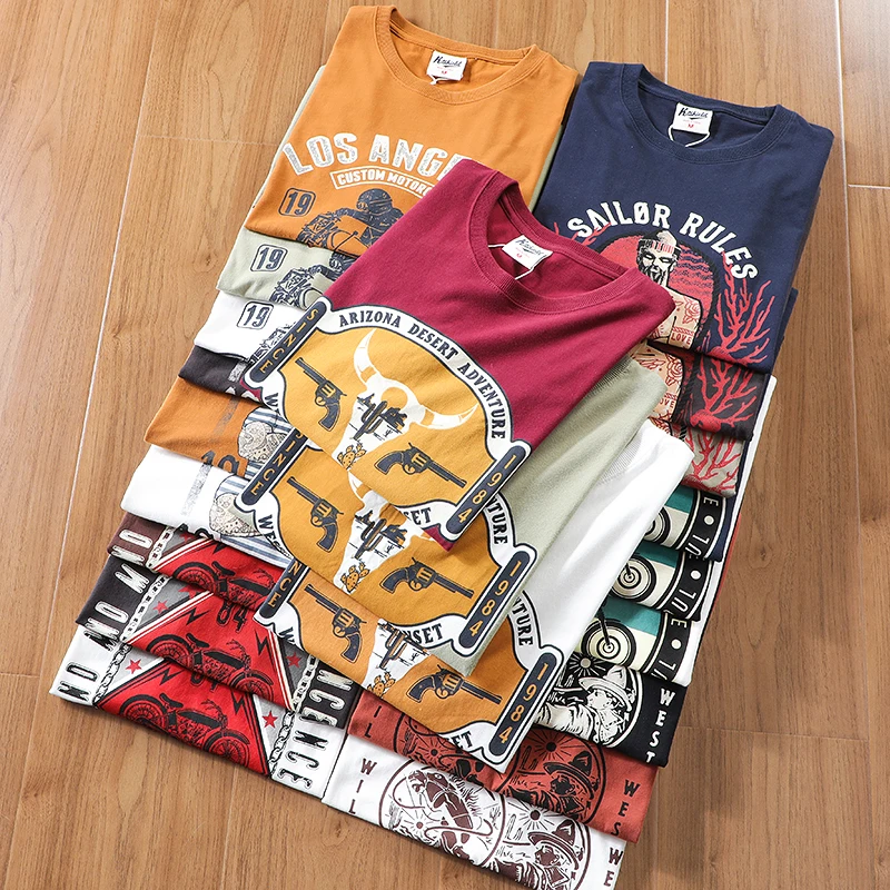 

2025 летняя новая американская ретро футболка 250 г с коротким рукавом и круглым вырезом с принтом, мужская мода, повседневные свободные топы из 100% хлопка