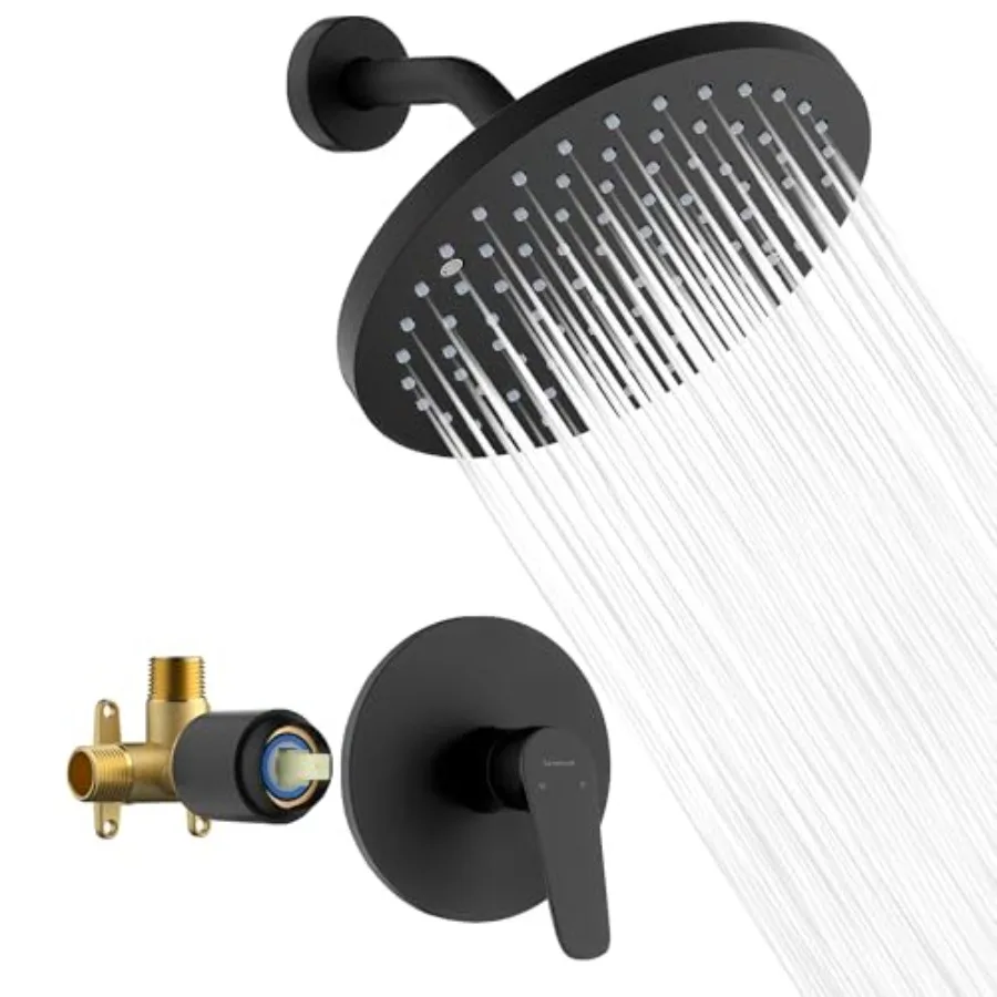 

Shower Head and Handle Set Single Spray Premium Wall Mount 8 Inch Rainfall Round Shower Faucet with Rough-in Valve and Trim Kit