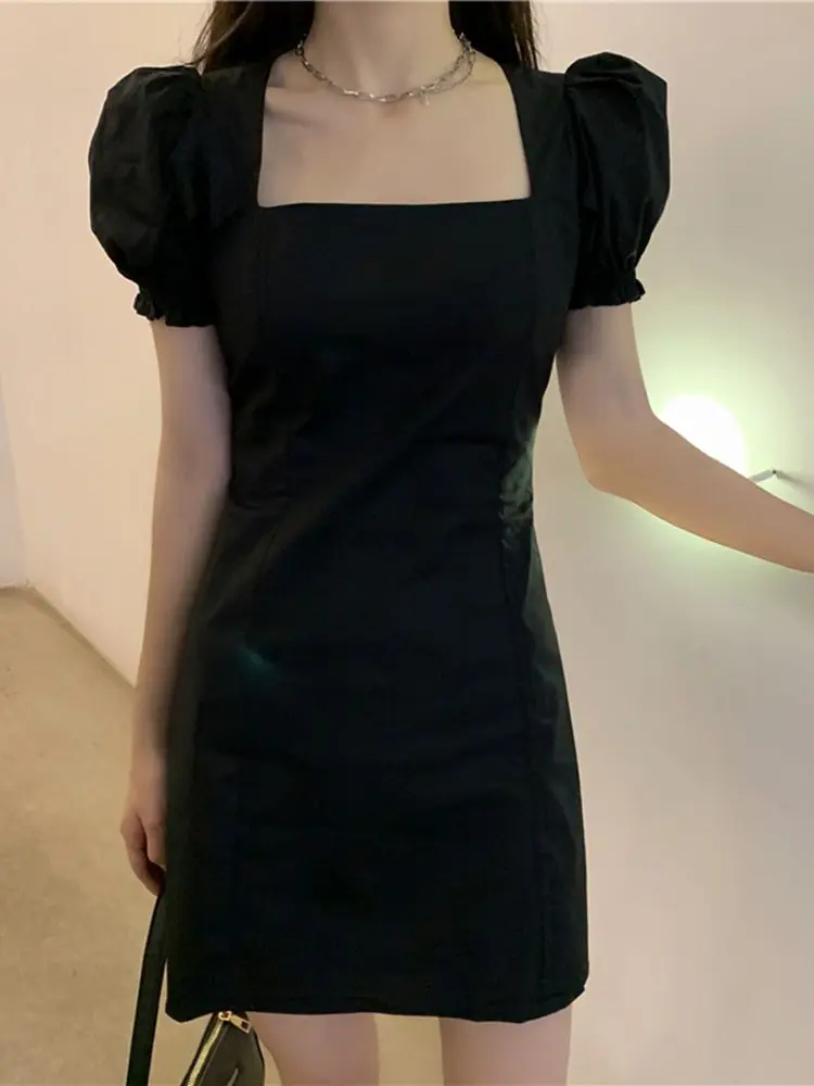 فستان صيفي أنيق بأكمام قصيرة باللون الأسود الصغير للنساء النسخة الكورية فستان نسائي بياقة مربعة حلوة وتنورة قصيرة على شكل حرف a #5