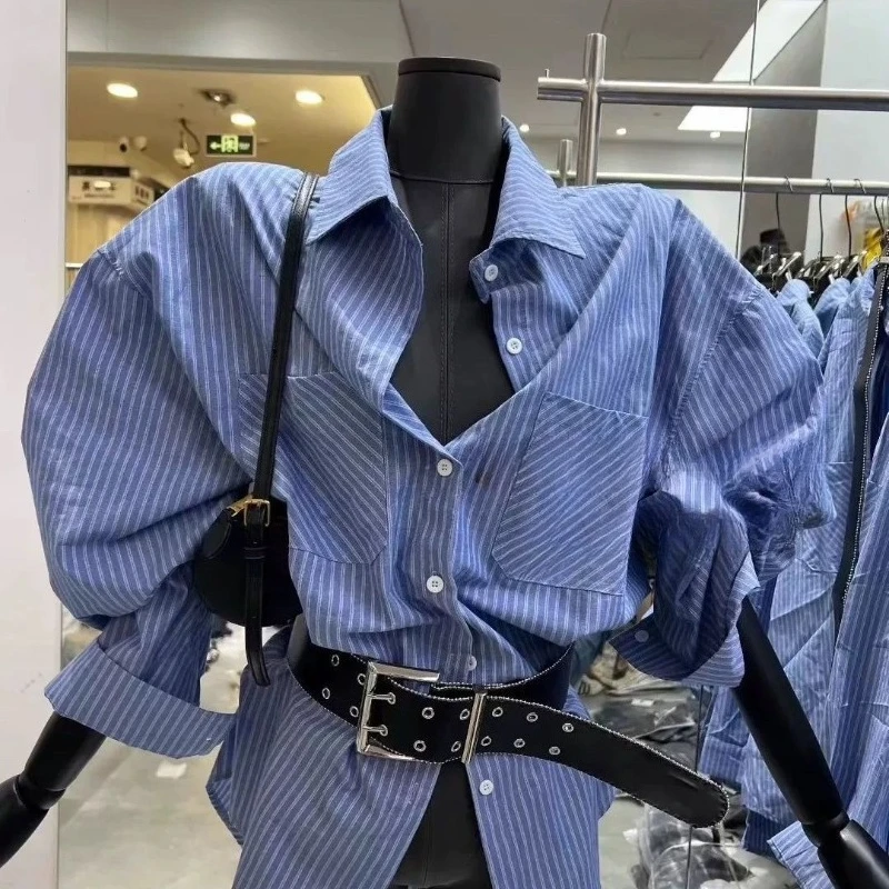 

Korean Autumn Fashion Blue Striped Shirt Women Vintage Women's Blouse Simple Casual Blusas Mujer Summer Camisas Femme