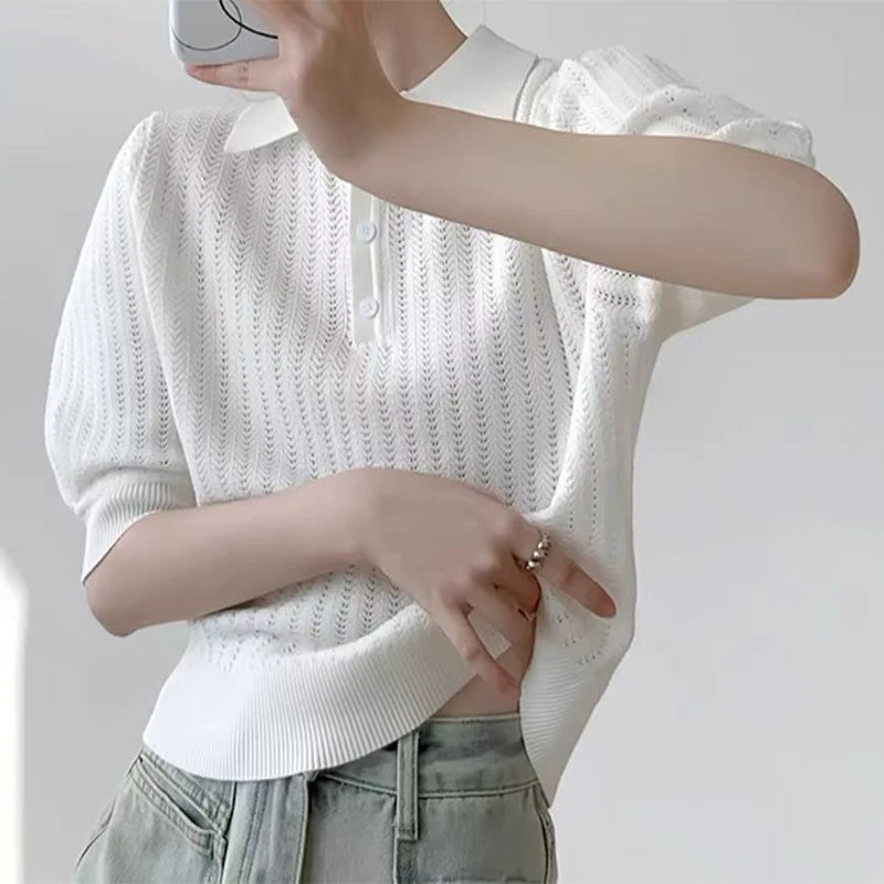 

2025 Summer Fashion Hollow Out Turn-down Collar T-shirt Knitted Short Sleeve Vintage Casual Top Ice Silk Pullovers