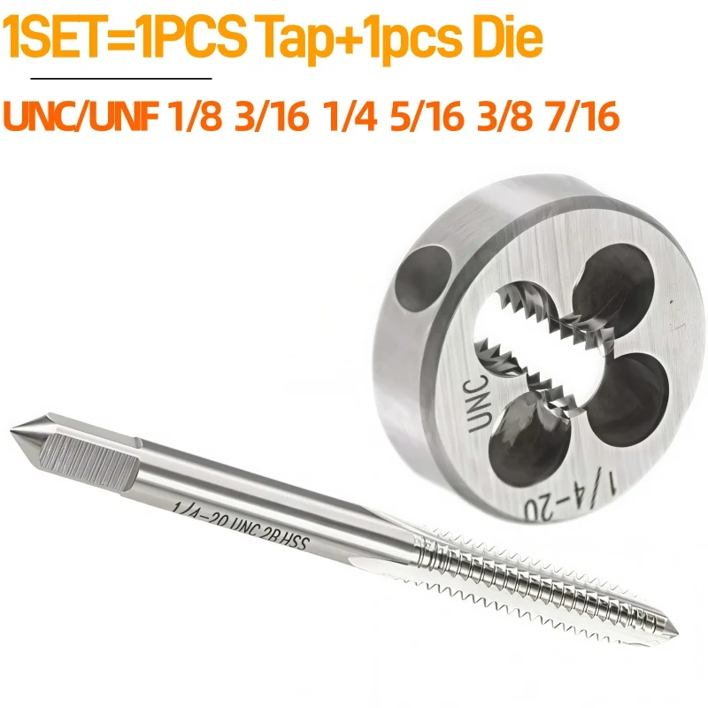 Right Hand 2pcs American Tap Die Set 1/8 3/16 1/4 5/16 3/8 7/16, Used for Machine Tool Internal and External Thread Tapping
