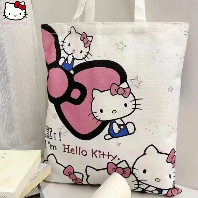 Hello Kitty Tote Bag Sanrio Kawaii Anime Cartoon Fashion Sweet Kawaii Large Canvas Shoulder Bag Girls Student Tutoring Package