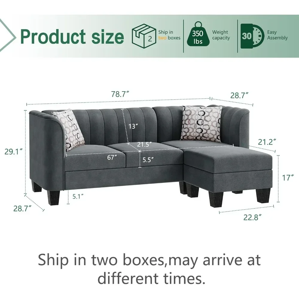 Upgraded Convertible Sectional Sofa Couch, 3 Seat L Shaped Sofa with High Armrest Linen Fabric Small Couch Mid Century