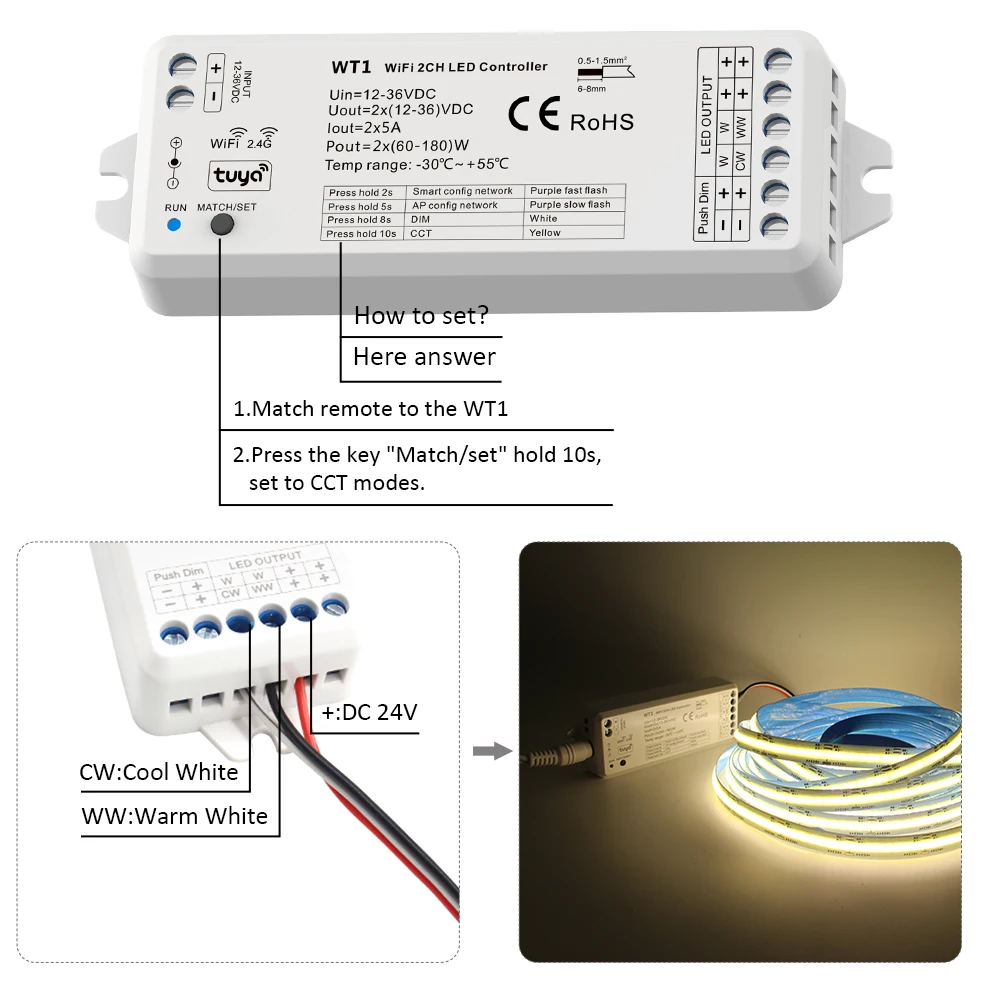 WT1 12V 24V Wifi Tuya Smart CCT Controller 2CH 5A WW CW Strip LED Dimmer Work with Yandex Alice Alexa APP RF Remote Control