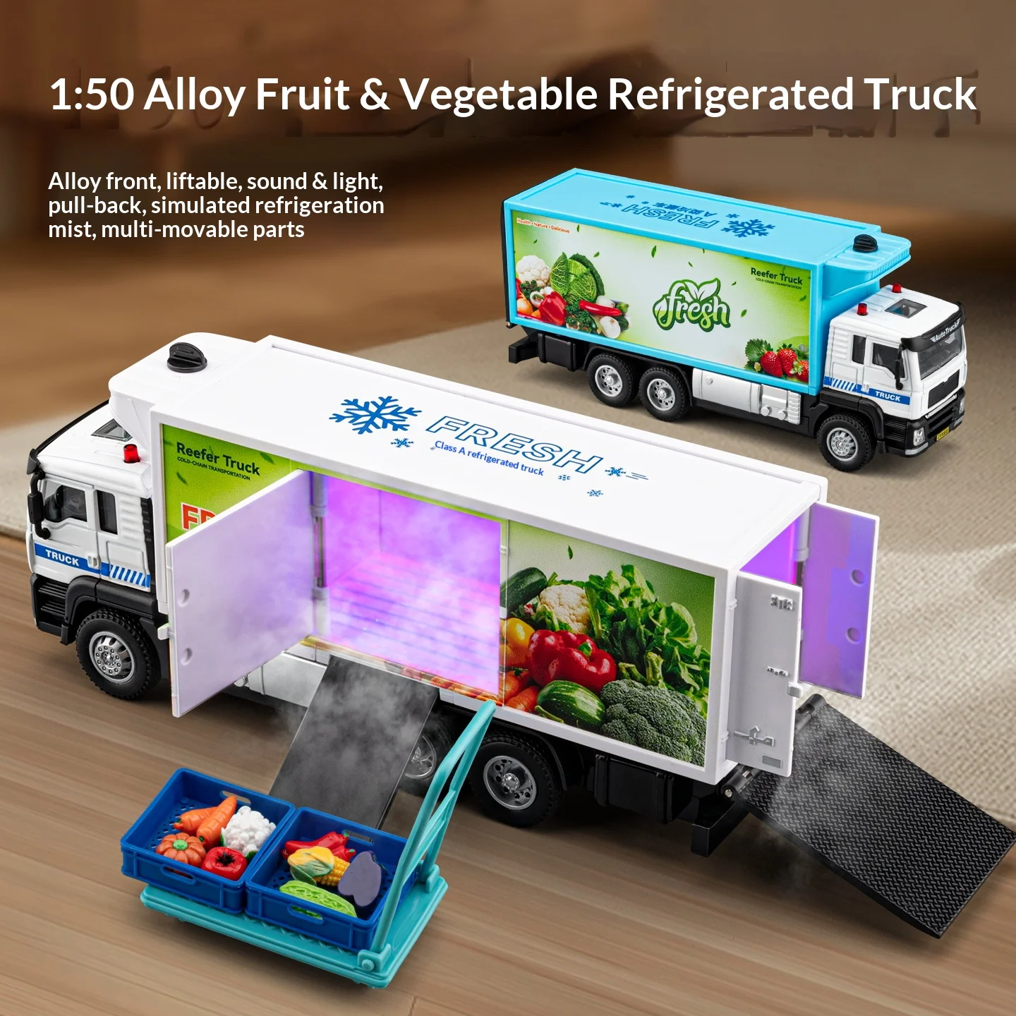 1/50 alloy engineering truck refrigerated truck model fruit and vegetable fresh-keeping transport truck container truck toy
