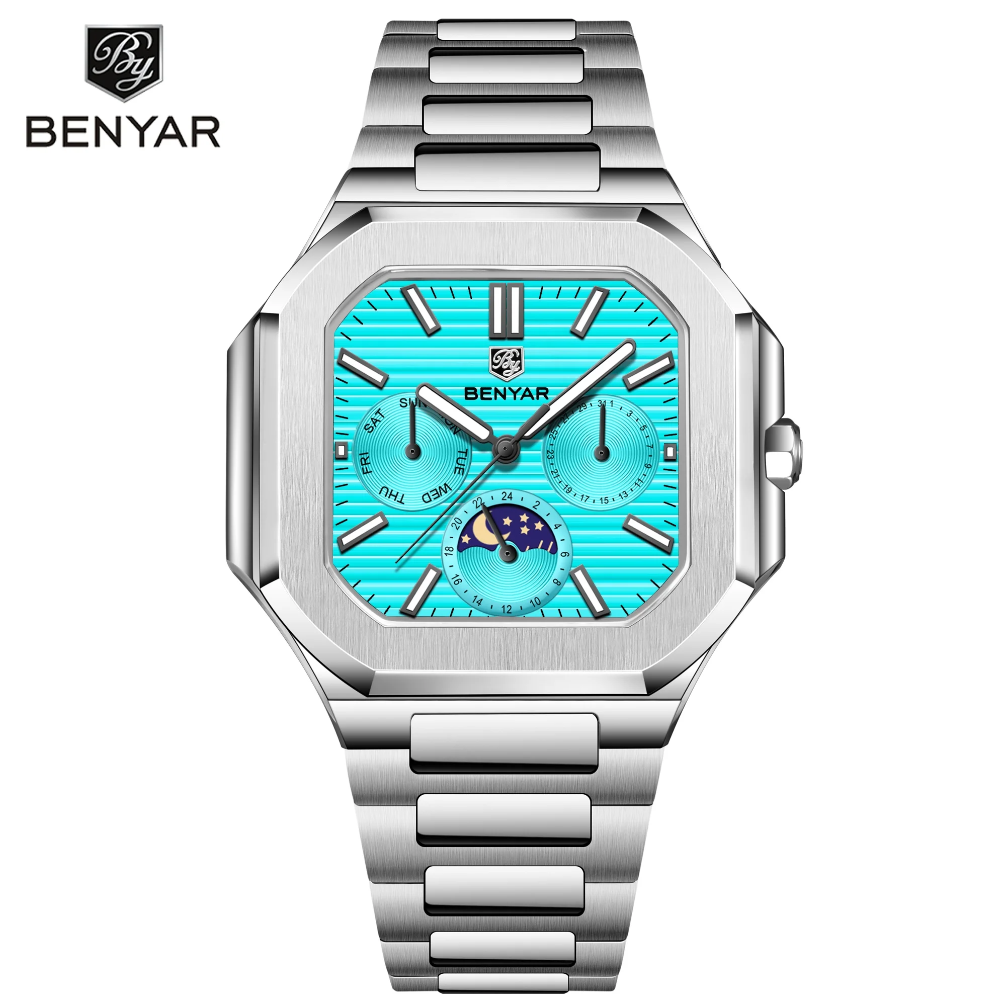 BENYAR 2025 New Men's Quartz Watch PE806 Square Stainless Steel Weekly Display Business Men's Watch Luminous Moonphase Watch