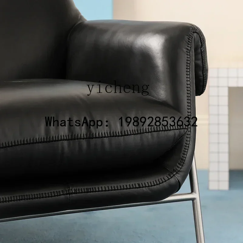 Canapé simple XL style nordique médiéval rétro en cuir pleine fleur et acier inoxydable, fauteuil de loisirs